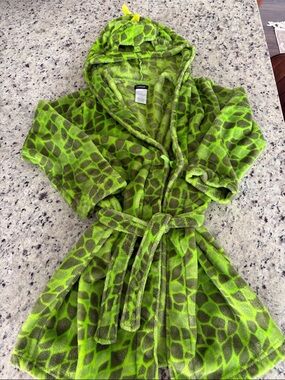 Green Dino / dragon Print Hooded with face Kids Robe Cuddle Duds
